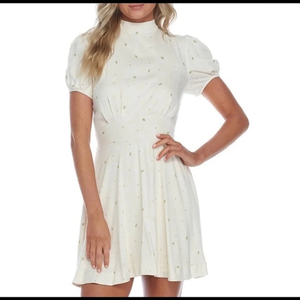 Free People x Revolve Abbie Mini Dress Cream Green Dot Bow Tie Puff Sleeve Size - Picture 11 of 12